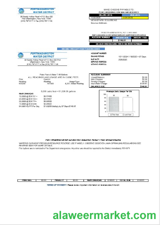 USA New York Port Washington Water District business utility bill template in Word and PDF formats
